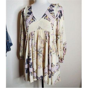Free People S tunic top ivory navy paisley lilac purple sleeve anthro boho swing